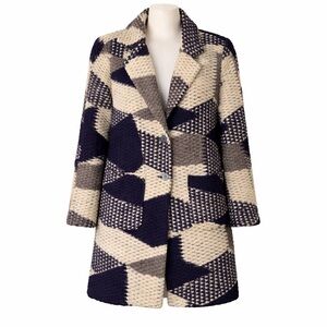 Size M (36) Sandwich Women’s Geometric Patchwork Wool Blend Coat Navy Cream Grey